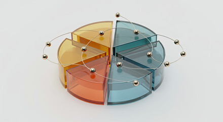 Colorful Segmented Pie Chart with Golden Sphere Network on White