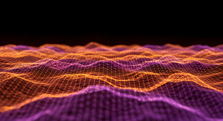 Futuristic digital wave of glowing orange and purple particles forming an abstract technological landscape against a dark background