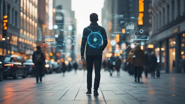 Urban Professional Walking Through City with Futuristic Overlay - Powered by Adobe