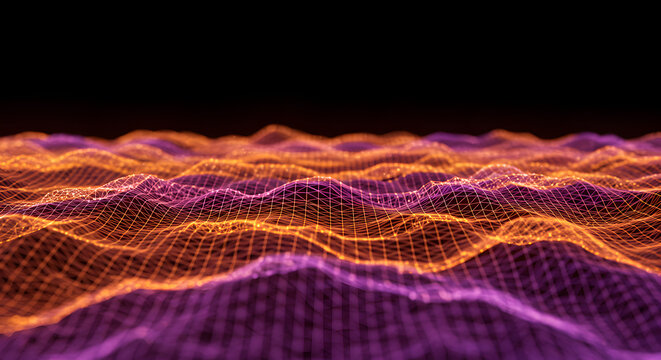 Futuristic digital wave of glowing orange and purple particles forming an abstract technological landscape against a dark background - Powered by Adobe