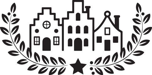 An emblem featuring a charming European village or city skyline, framed by a classic laurel wreath and a star for a timeless design.

