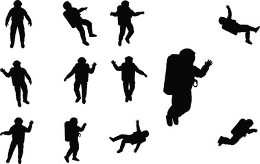 Astronaut silhouette collection, spacewalk poses, astronaut floating, black silhouettes, outer space exploration, zero gravity, isolated on white background