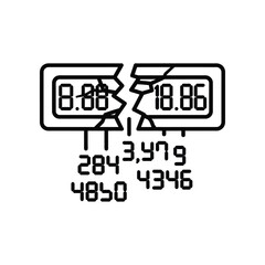 Data breach icon: a visual representation of a data breach, with a broken digital display illustrating the concept of data compromised and loss.