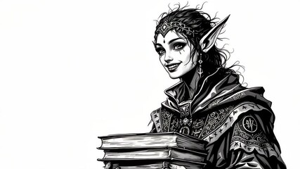 Enigmatic elven scholar smiling with books in monochrome fantasy setting - Powered by Adobe