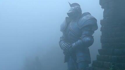 Fototapeta premium A formidable figure in antique armor stands watch in a misty landscape.