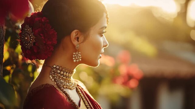 Serene beautiful indian woman profile with traditional gold jewelry in warm sunlight