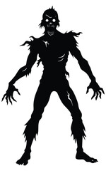 Silhouette of a terrifying zombie with glowing eyes and tattered clothing. Undead Zombie Silhouette.