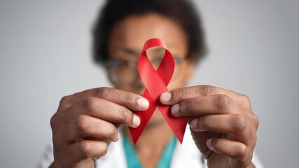 Doctor holding a red ribbon, symbolizing awareness and support for hivaids