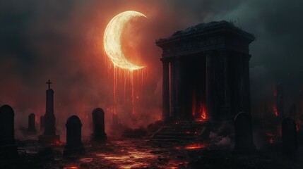 Naklejka premium Crimson moon hangs over ruined graveyard