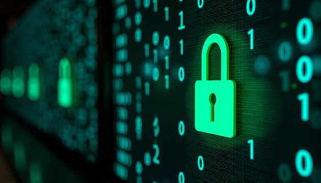 Bright green padlock on a digital screen with flowing binary code � a symbol of cybersecurity and data protection.
