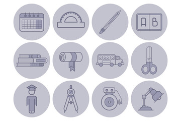 Collection of educational icons, including calendar, protractor, pencil, diploma, and more. Learning and teaching concept