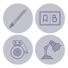 Collection of four educational tools including pencil, alphabet board, bell, and desk lamp, each icon designed in gray color palette