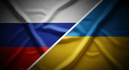 Fototapeta premium Russia And Ukraine Fabric Flags Diagonal Split Screen With High Detail Texture And Folds Covering Full Canvas Natural Lighting Conflict JPG