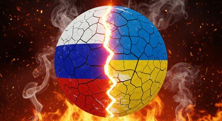 Cracked Globe Left Russia Flag Right Ukraine Flag Glowing Fracture Line Splitting Earth Dramatic Fire Background Illustration JPG