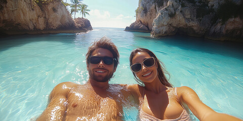 Tourists are enjoying the crystal-clear emerald sea on a paradise-like island under the bright midday sun, surrounded by stunning tropical beauty