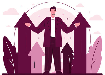 Confident business leader celebrating success with upward arrows representing growth and achievement