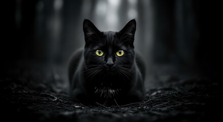 A black cat in a dark forest