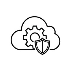Cloud Security Icon: An illustrative representation of cloud computing security, featuring a shield symbol, gear, and cloud, symbolizing data protection and technological infrastructure.