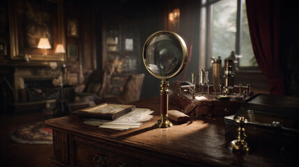 open notary ledger with brass magnifying glass casting circular shadow vintage desk lamp illumination illustration concept scene visual for commercial design use high detail quality stock image