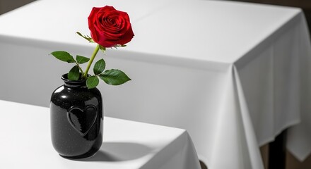 Single Red Rose in Black Speckled Vase with Heart on White Table