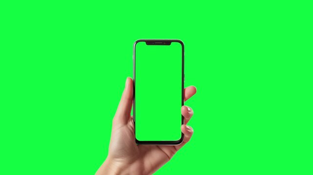 Woman hand holding phone with green screen on green chroma key background. Close up of a woman's hand holding a mobile telephone,
Young female hand touch smartphone with green screen 