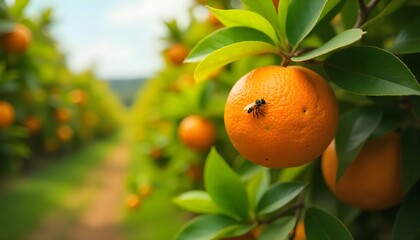 Orange garden with ripe oranges on tree branches. Beautiful orange trees in an orchard. Fruit trees laden with ripe fruits. Juicy citrus fruits ripening in the sun