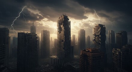 A ruined cityscape with crumbling buildings under a stormy sky, illuminated by lightning strikes and a hazy, ethereal light.