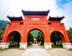 Obraz premium Ancient red archway in a serene temple garden