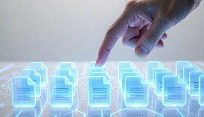Hand selecting digital document on futuristic interface � data management and technological interaction
