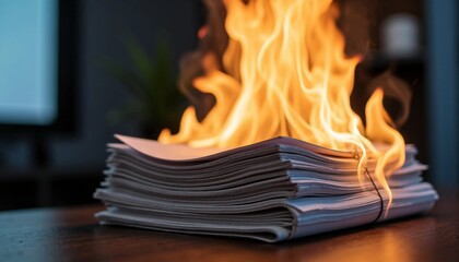Burning stack of documents on a dark desk, symbolizing overwhelming work and stress.