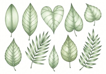 Watercolor Green Leaf Collection Botanical Illustrations of Various Foliage Greenery and Plant