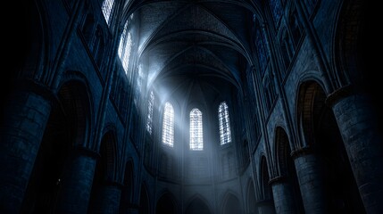 Sunlight streams through stained-glass windows, illuminating the majestic interior of a Gothic cathedral.