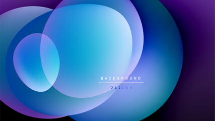 Abstract fluid shapes blend, creating vibrant blue, purple gradients. Dark background emphasizes luminous forms, modern design element.