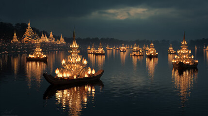 Fototapeta premium ok phansa, buddhist festival in laos, candle-lit boats floating on river