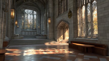 Fototapeta premium A sunlit interior of a grand, stone chapel, showcasing high arched windows and ornate features.