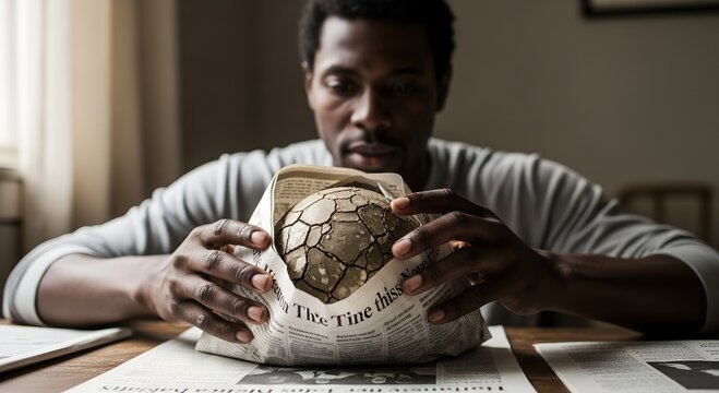 Young black man unwrapping soccer ball from newspaper indoors  