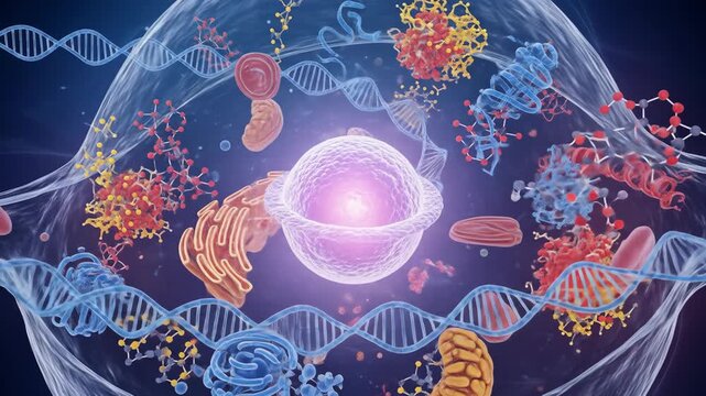 Detailed 3D rendering of a cell with DNA, molecules, and organelles. - Powered by Adobe