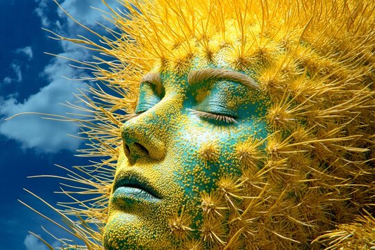 Hallucination - due to hallucinogenic cacti: abstract image of health condition. Neuropsychiatric symptoms. Metaphorical hallucinogenic cacti awareness of a mental illusion. Mysterious illne.