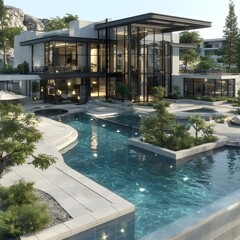 Luxury Modern Mansion with Pool | Contemporary Villa Exterior 3D Rendering | Upscale Residential Architecture Design