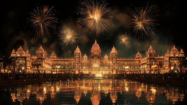 mysore palace dussehra, illuminated palace with festive fireworks