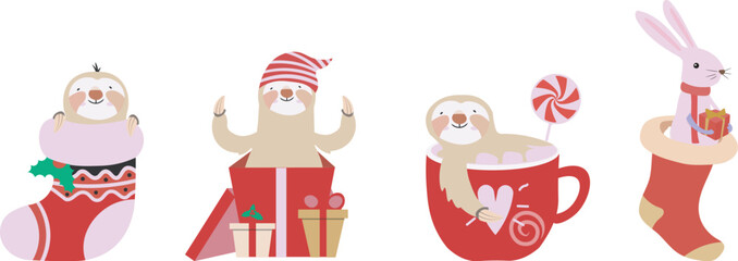 Adorable Merry Christmas Lazy Sloth illustration and vector bundle set and file with festive charm.