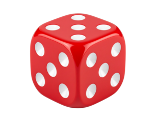  3D Red Dice Icon Showing “Five” on Top Face, Front Perspective, isolated on white background