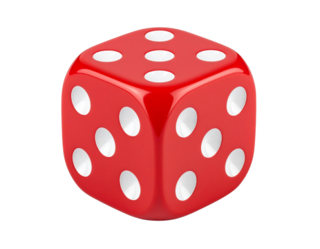  3D Red Dice Icon Showing “Five” on Top Face, Front Perspective, isolated on white background