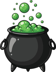 Cartoon Witch Cauldron with Green Bubbling Potion Halloween Magic Clipart Illustration

