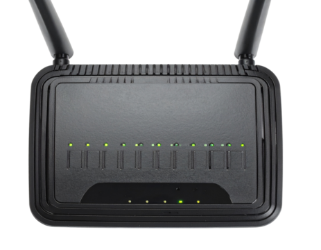 Angled Top-Down View of Black Wireless Router with Dual Antennas and LED Indicators, isolated on white background