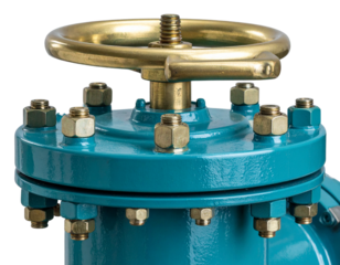  Close-Up of Gate Valve Handwheel and Flange Detailing, Teal and Brass Finish, isolated on transparent background