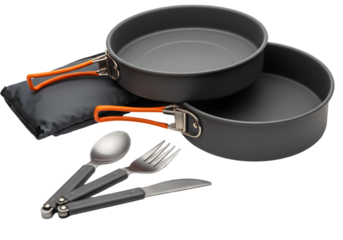 Camping cookware set featuring stackable pots and utensils on a black carrying pouch, ideal for outdoor adventures