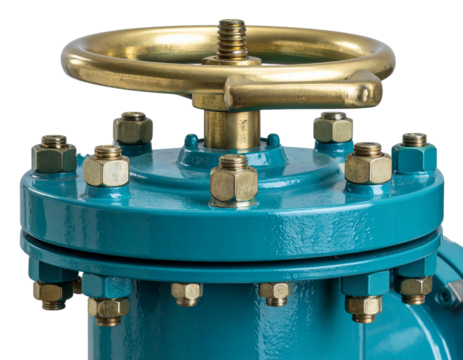  Close-Up of Gate Valve Handwheel and Flange Detailing, Teal and Brass Finish, isolated on transparent background