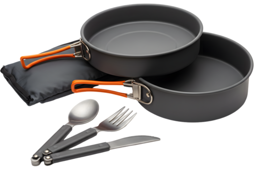 Camping cookware set featuring stackable pots and utensils on a black carrying pouch, ideal for outdoor adventures
