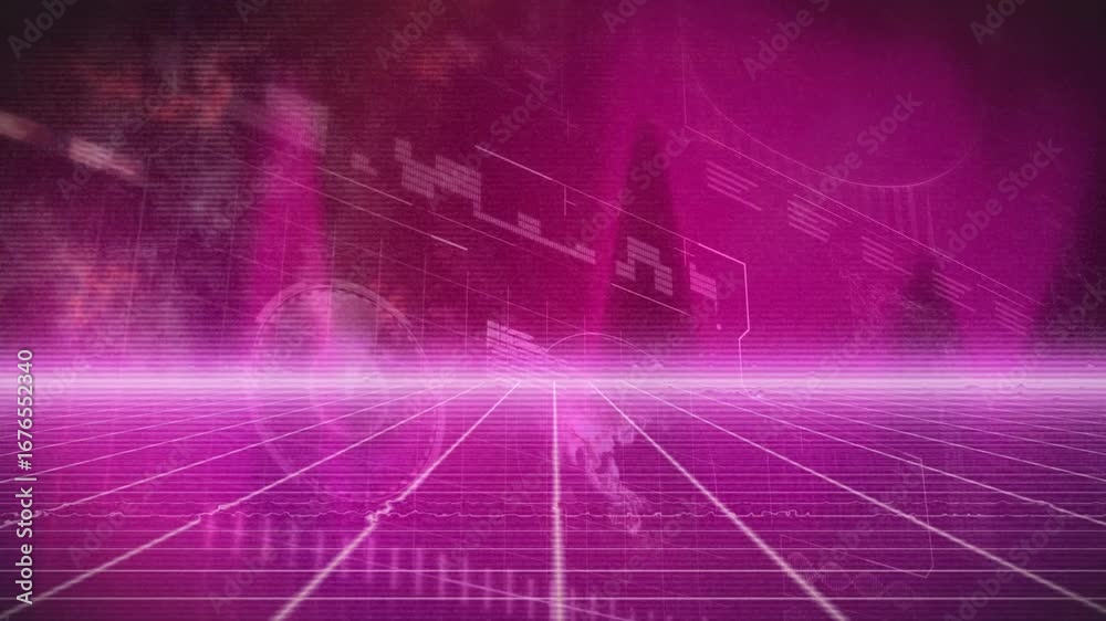 Wall mural animation of neon lines over data processing on purple background